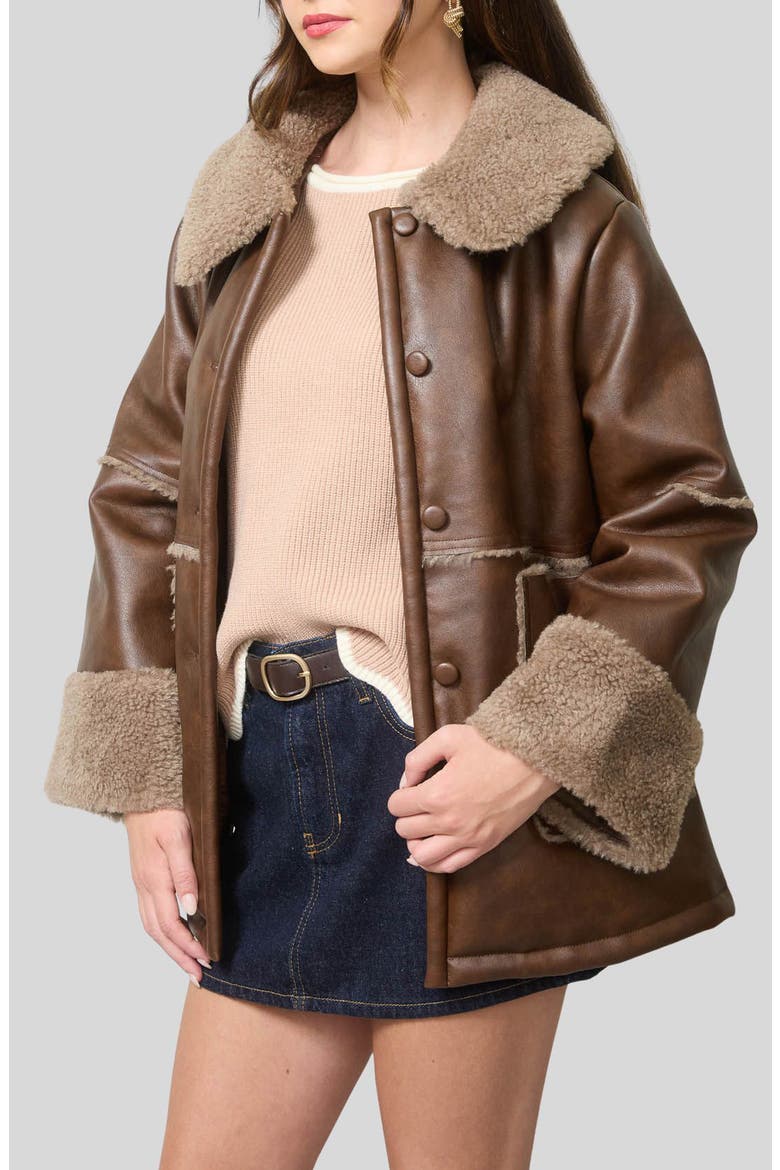 Faux Fur Trim Faux Leather Jacket, Alternate, color, BROWN