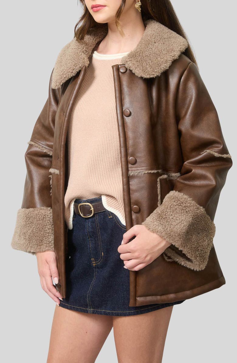 Blu Pepper Faux Fur Trim Faux Leather Jacket, Alternate, color, Brown