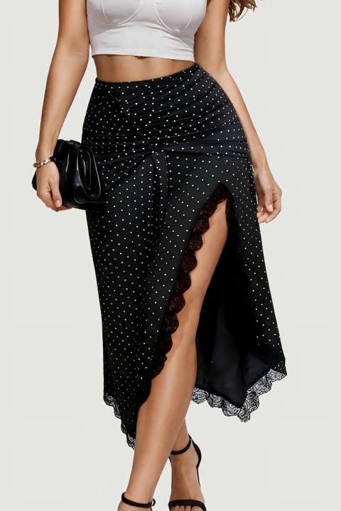 Built In Shapewear Satin Ruched Mermaid Skirt with Lace Trim
