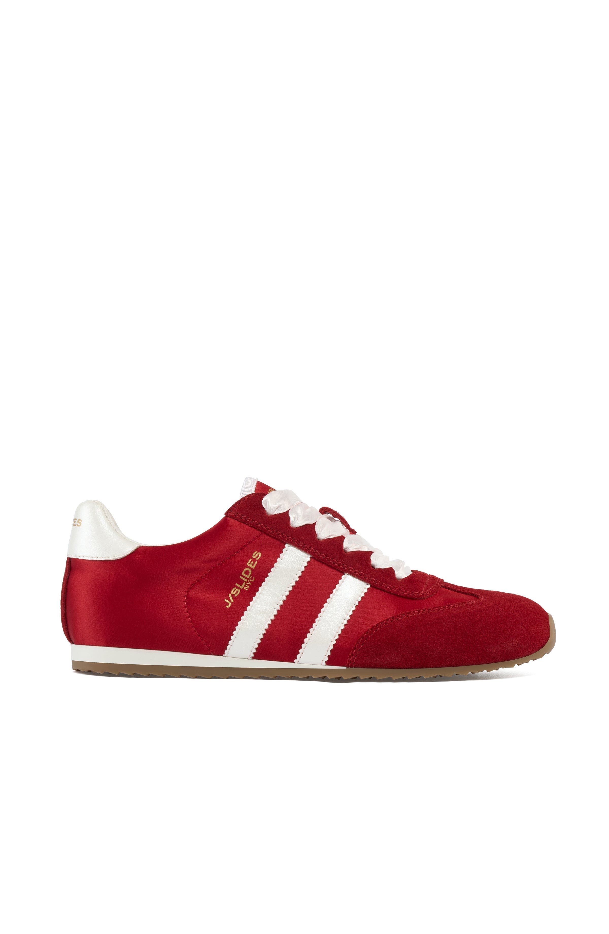 Peggy Satin Sneaker, Main, color, Red-Nylon/Suede