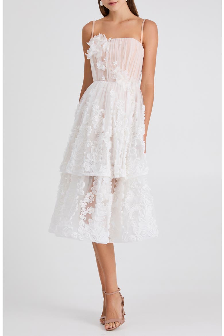 Juliette Floral Appliqué Tiered Cocktail Midi Dress, Main, color, OFF WHITE/ NUDE