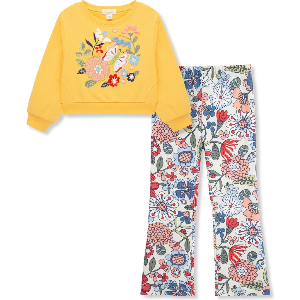 Peek Aren'T You Curious Kids' Butterfly Garden Embroidered Sweatshirt & Floral Print Knit Pants Set in Yellow  product