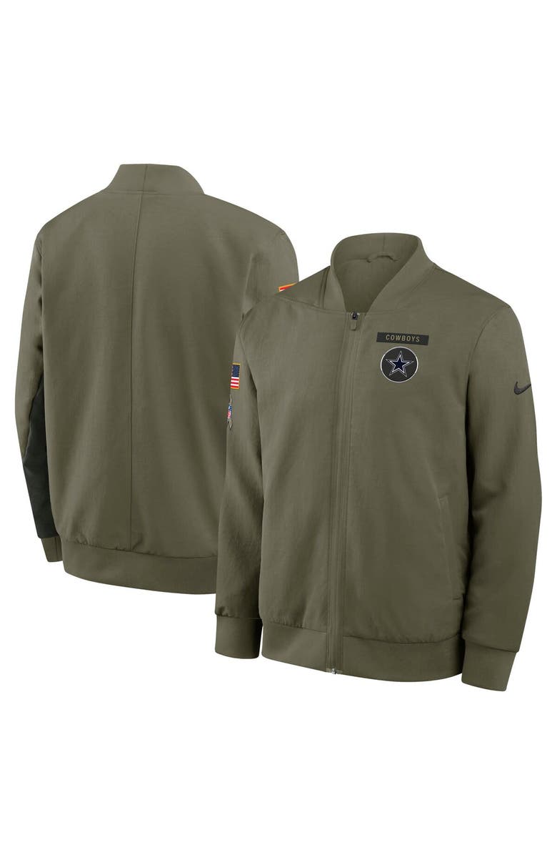 Nike Men's Nike Olive Dallas Cowboys 2025 Salute to Service Sideline Full-Zip Bomber Jacket, Main, color, 