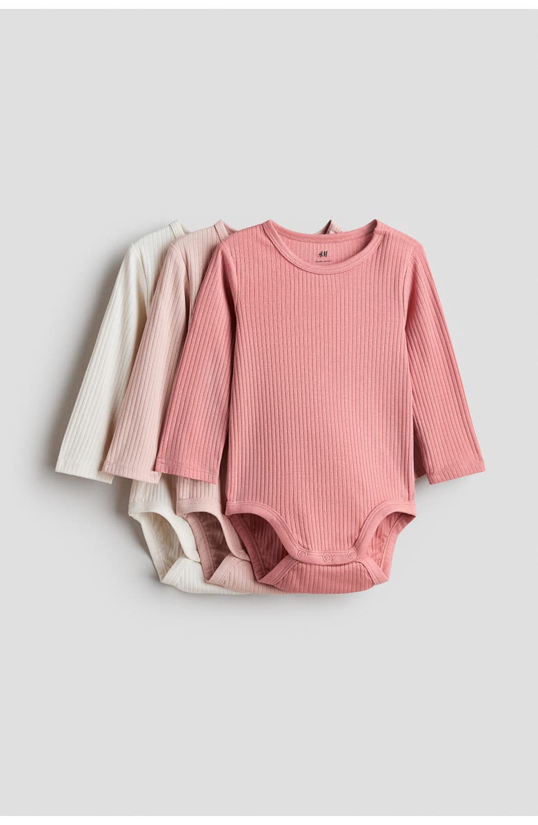 H&M 3-pack Ribbed Bodysuits, Main, color, Pink/Cream