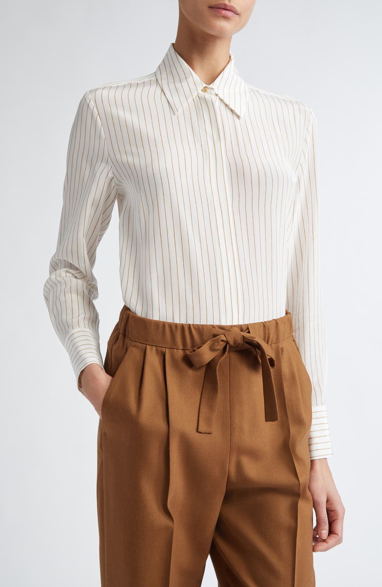Max Mara Studio Lama Stripe Silk Crêpe de Chine Button-Up Shirt, Main, color, 