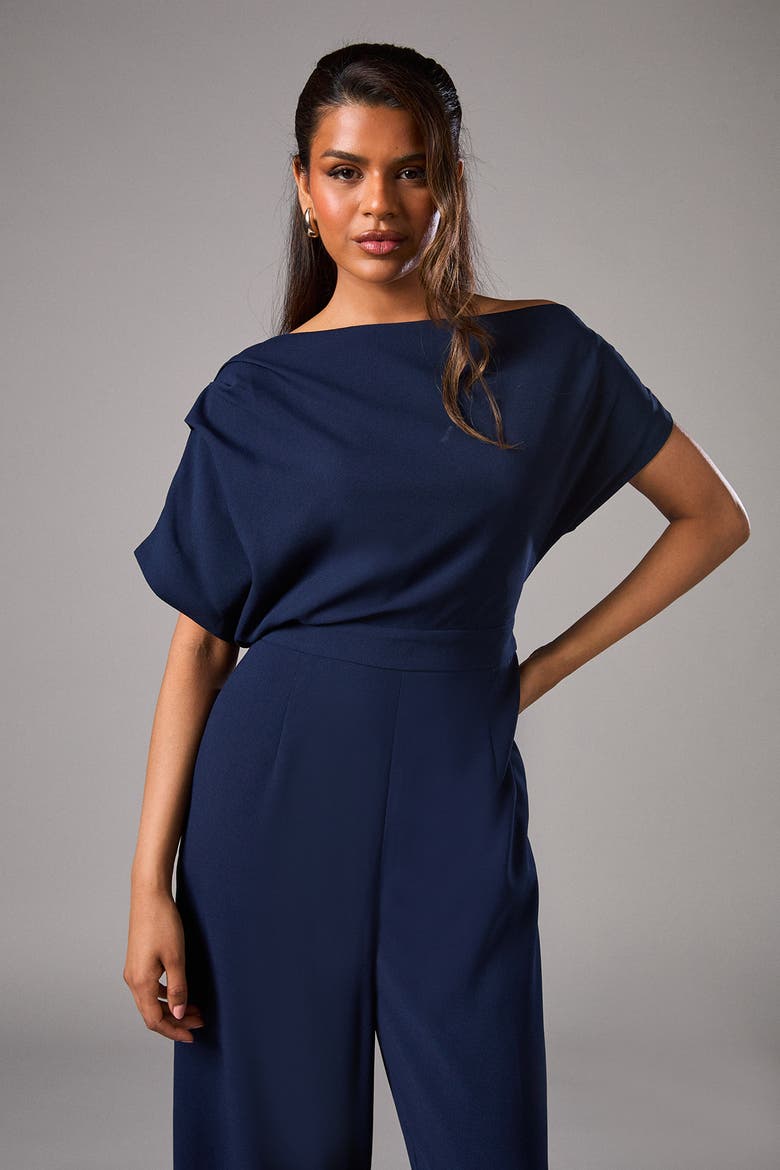 Petite Pleat Off The Shoulder Jumpsuit, Alternate, color, Navy
