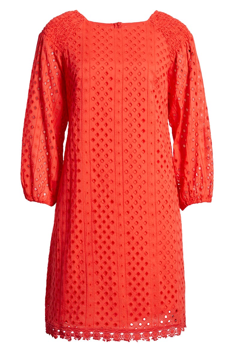 Long Sleeve Eyelet Poplin Shift Dress, Alternate, color, RED