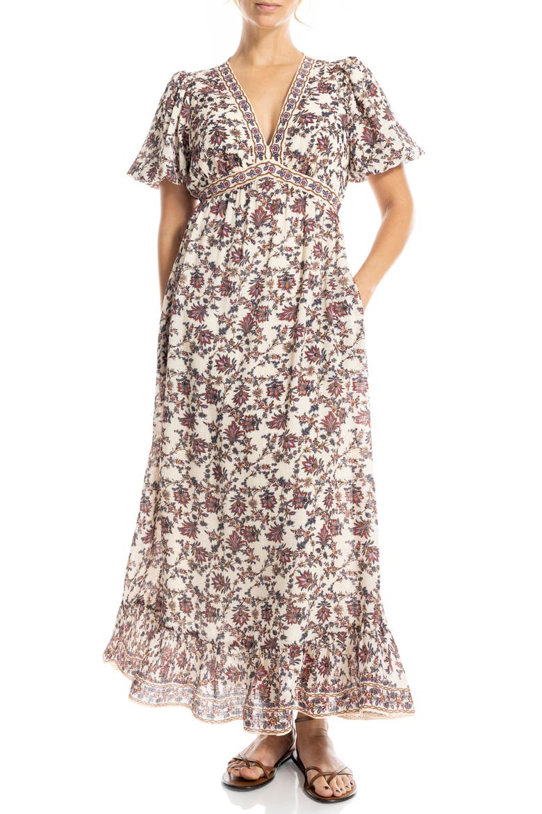Flutter Sleeve Empire Waist Maxi Dress, Alternate, color, ECRU/ RED ANCESTRAL