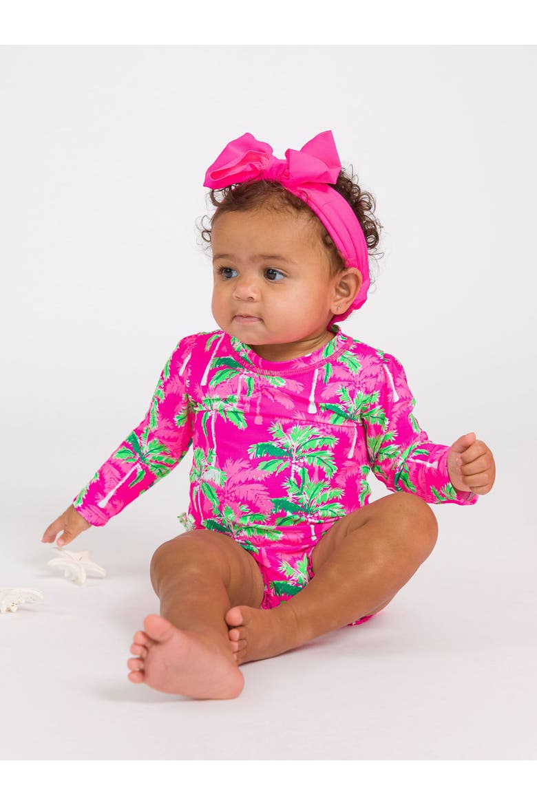 Baby Girls Tropical Long Sleeve UPF50+ One Piece Rash Guard, Alternate, color, Neon Palm Paradise