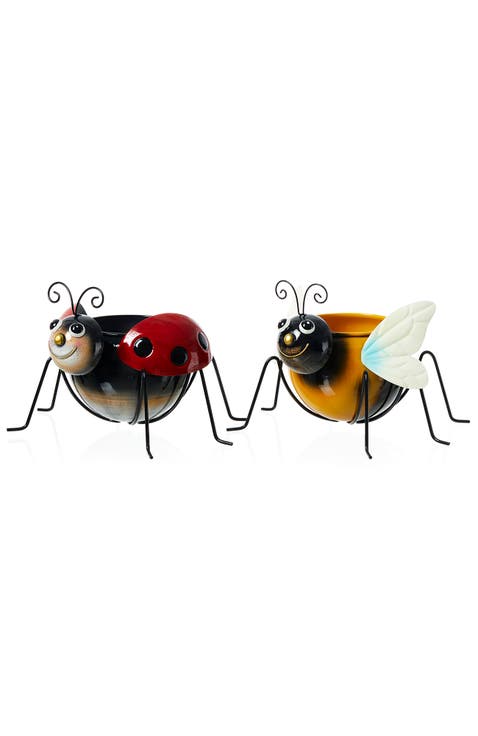 Set of 2 Metal Bee and Ladybug Metal Staute Planters with Drainage Hole