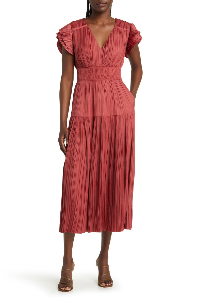 Plissé Midi Dress, Main, color, MARSALA