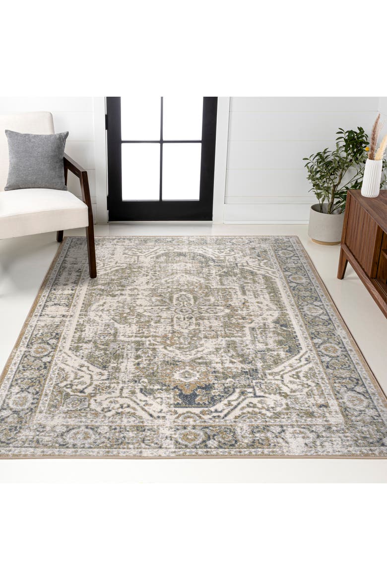 Keesha Bold Distressed Medallion Low-Pile Machine-Washable Area Rug, Alternate, color, Green/Cream