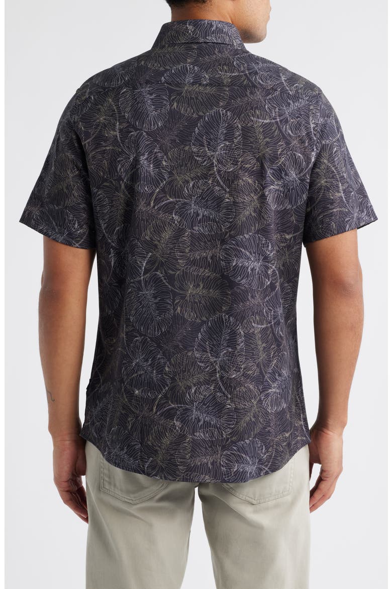 Jungle Monstera Palm Leaf Print Short Sleeve Stretch Cotton Blend Button-Up Shirt, Alternate, color, BLACK