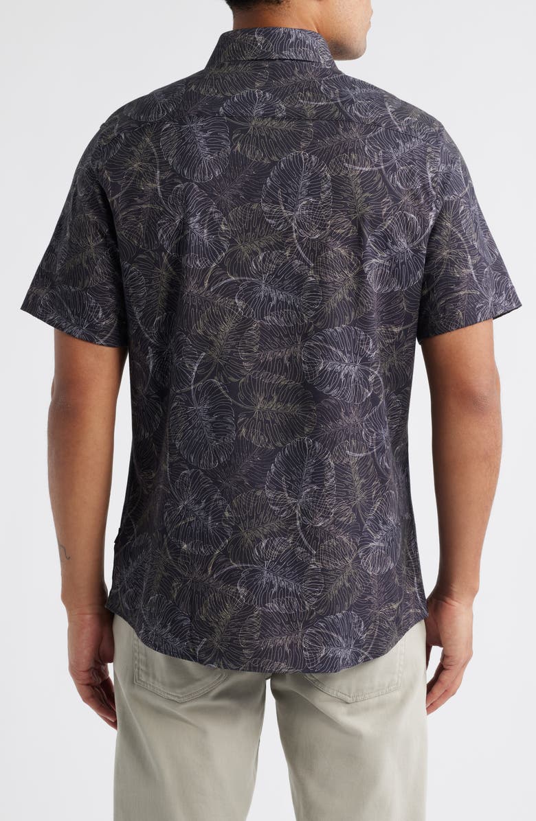Stone Rose Jungle Monstera Palm Leaf Print Short Sleeve Stretch Cotton Blend Button-Up Shirt, Alternate, color, 