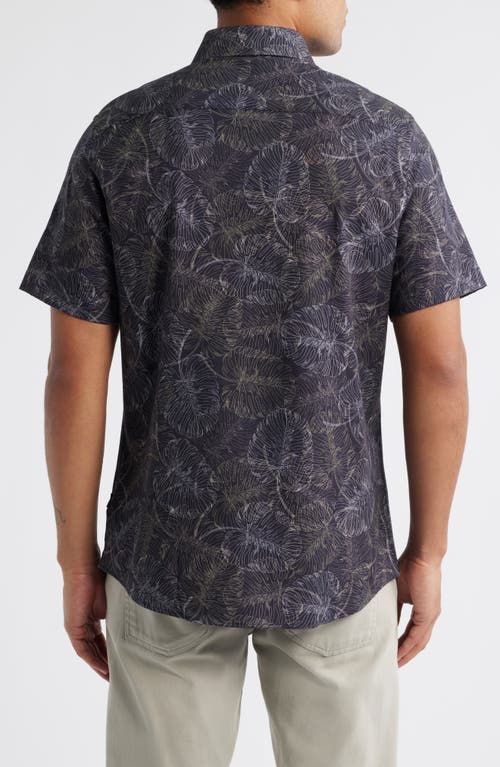 Stone Rose Jungle Monstera Palm Leaf Print Short Sleeve Stretch Cotton Blend Button-up Shirt