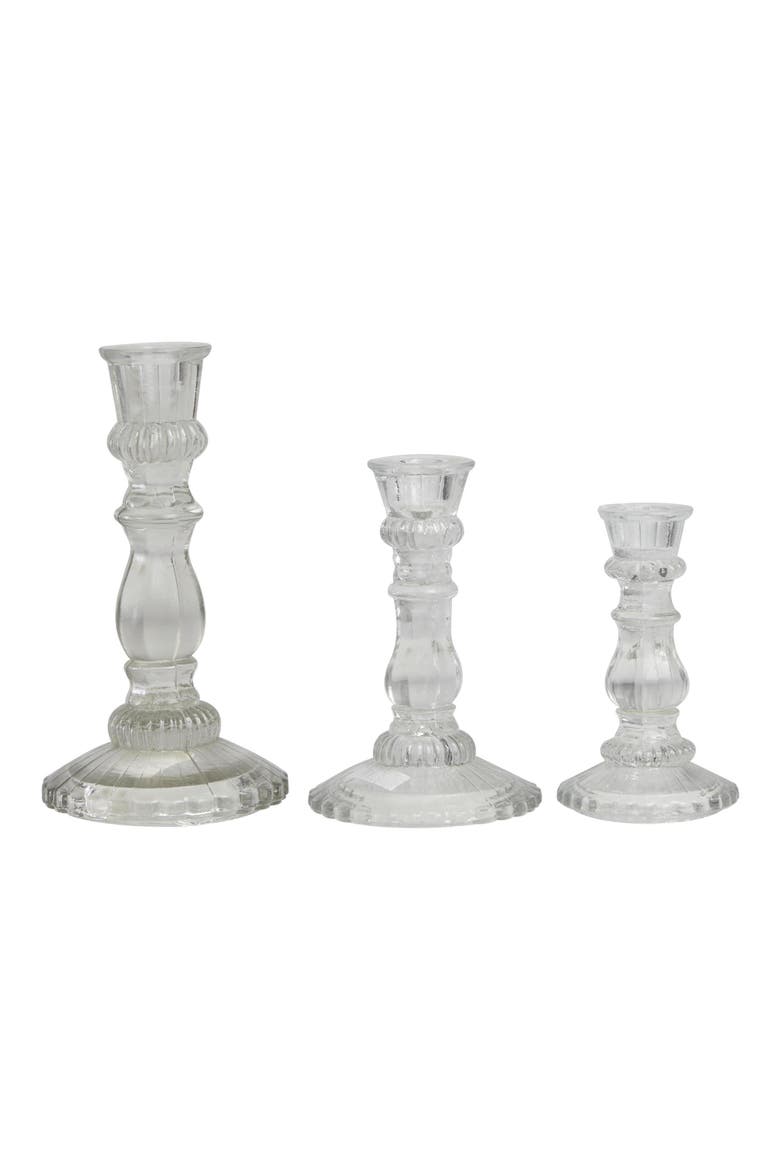 Set of 3 Modern Clear Glass Candleholders, Alternate, color, CLEAR