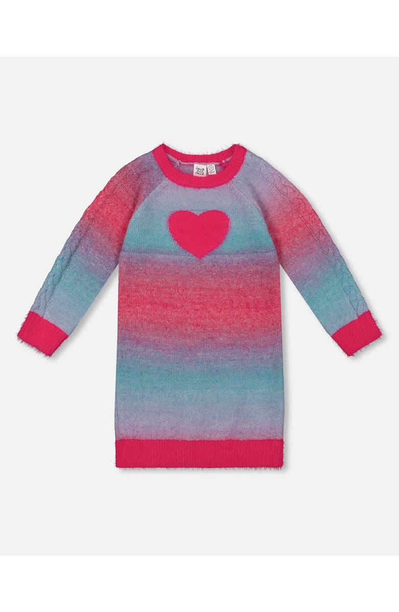 Deux par Deux Girl's Knit Dress With Heart Gradient Candy Pink And Blue, Main, color, 