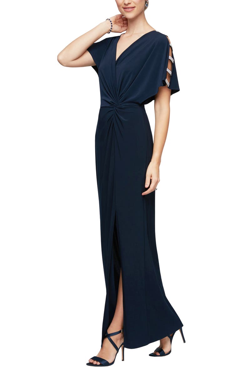 Embellished Sleeve Knot Front Jersey Gown, Main, color, NAVY