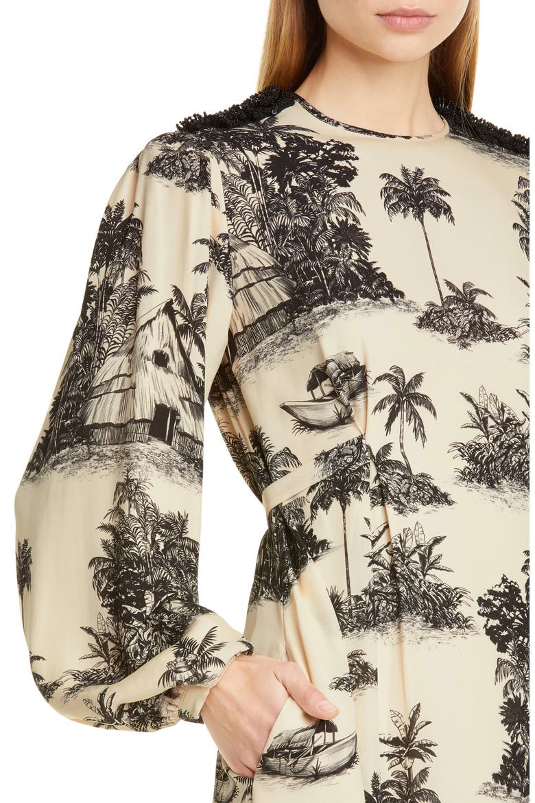 Toile Palm Print Long Sleeve Maxi Dress, Alternate, color, BLACK/ ECRU