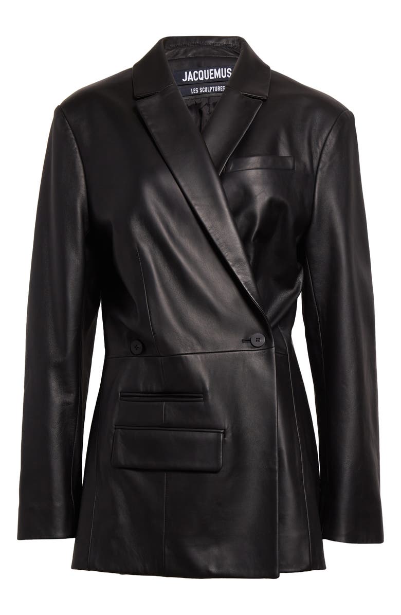 Jacquemus La Veste Tibau Asymmetric Leather Blazer, Alternate, color, Black