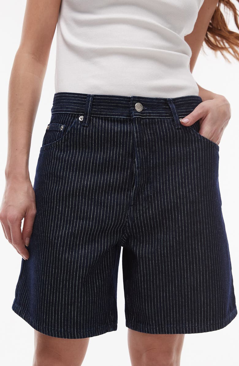 Topshop Pinstripe Denim Bermuda Shorts, Alternate, color, Dark Blue Multi