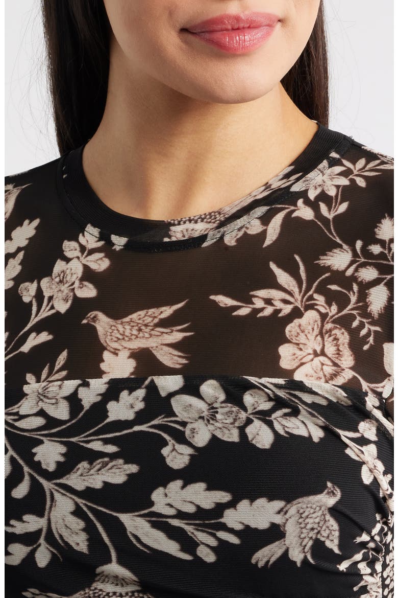 Floral Side Ruched Mesh Midi Dress, Alternate, color, ANNE BLACK MULTI
