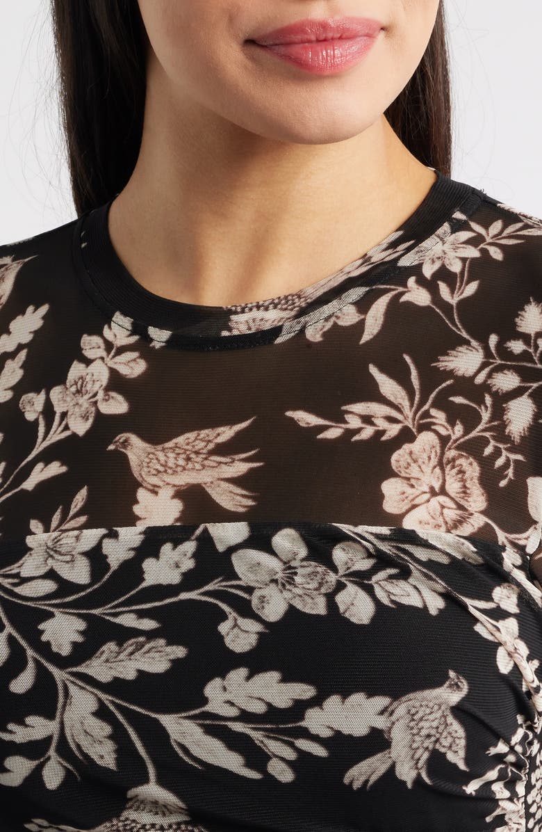 Anne Klein Floral Side Ruched Mesh Midi Dress, Alternate, color, Anne Black Multi