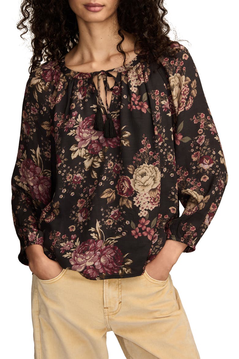 Floral Print Tie Neck Top, Main, color, BLACK/ MULTI