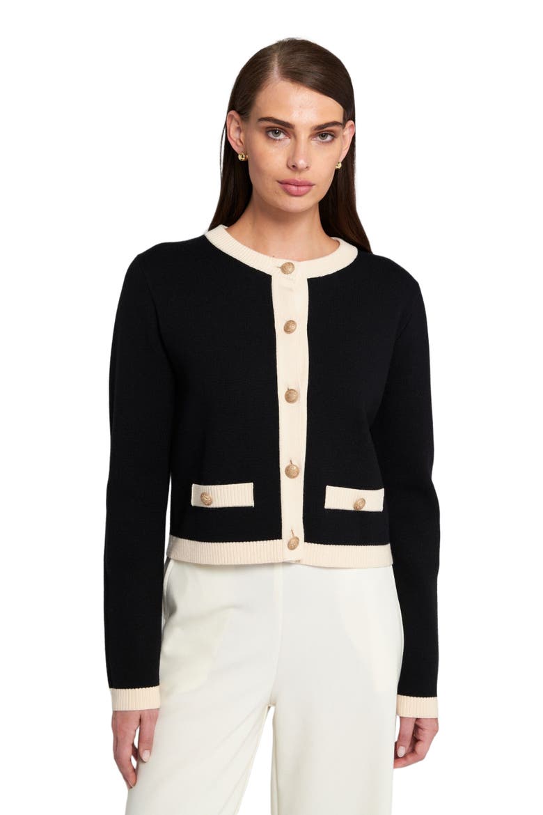 Fine Gauage Light Weight Framed Cardigan Sweater, Alternate, color, Black/Cream
