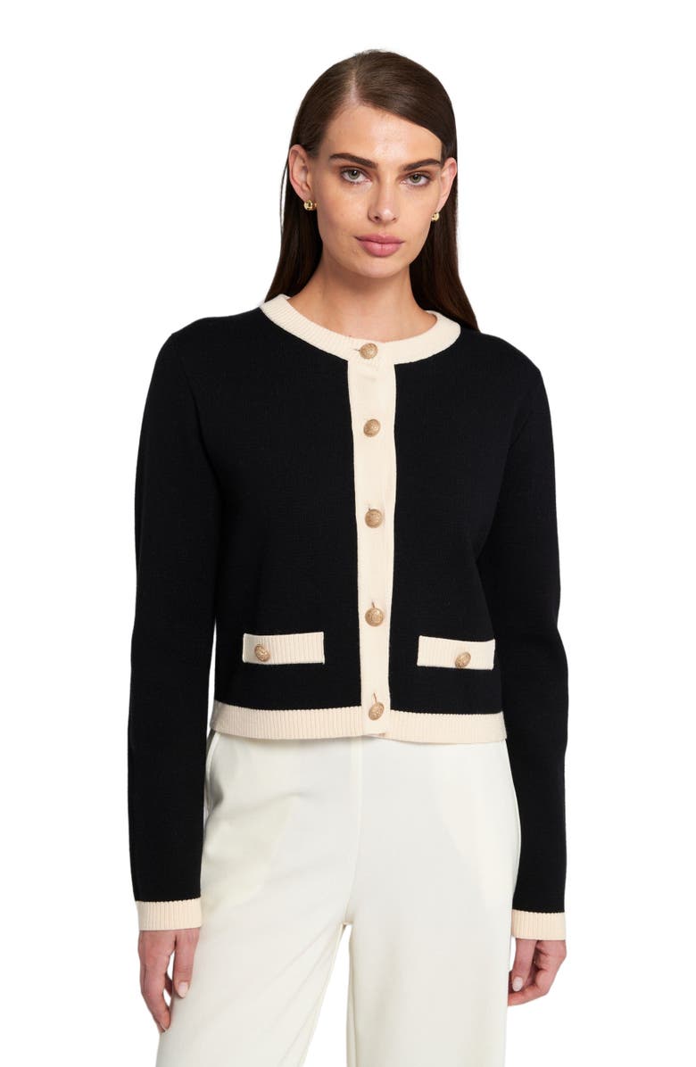 ELLE Collection Fine Gauage Light Weight Framed Cardigan Sweater, Alternate, color, Black/Cream