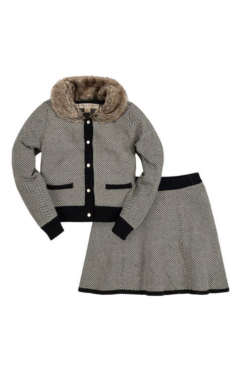 Girls' Faux Fur Cardigan and Skirt Sweater Set, Kids
