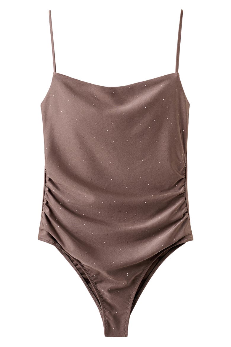 Ruched Rhinestone One-Piece Swimsuit, Main, color, MEDIUM BROWN