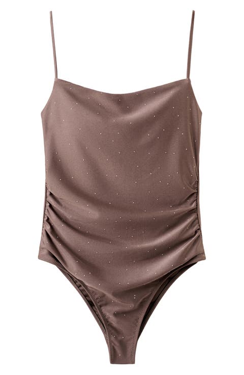 Ruched Rhinestone One-Piece Swimsuit