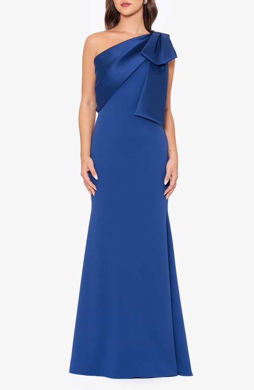 Betsy & Adam Satin Bow Crepe Mermaid Gown In Blue