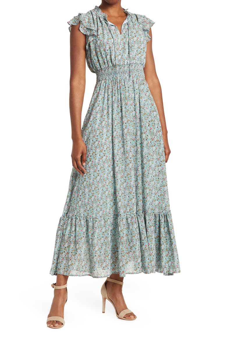 High Neck Ruffle Sleeve Maxi Dress, Main, color, BLUE FLORAL