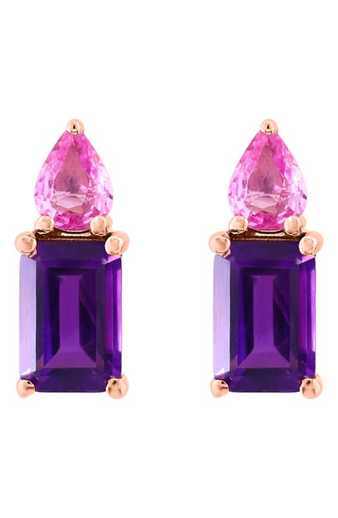 14K Rose Gold Amethyst & Pink Sapphire Stud Earrings
