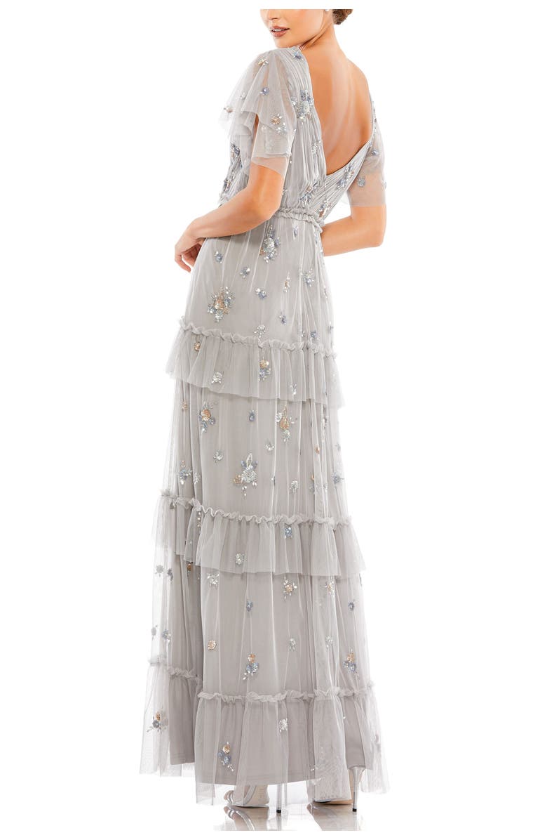 Mac Duggal Ruffle Tiered Embellished Flutter Sleeve Gown, Alternate, color, Platinum