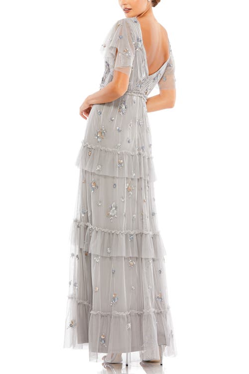 Mac Duggal Sequin-embellished V-neck Ruffle-tiered Gown In Platinum