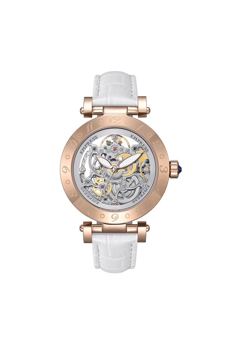 Theodora Automatic Skeleton Leather-Band Watch, Main, color, White
