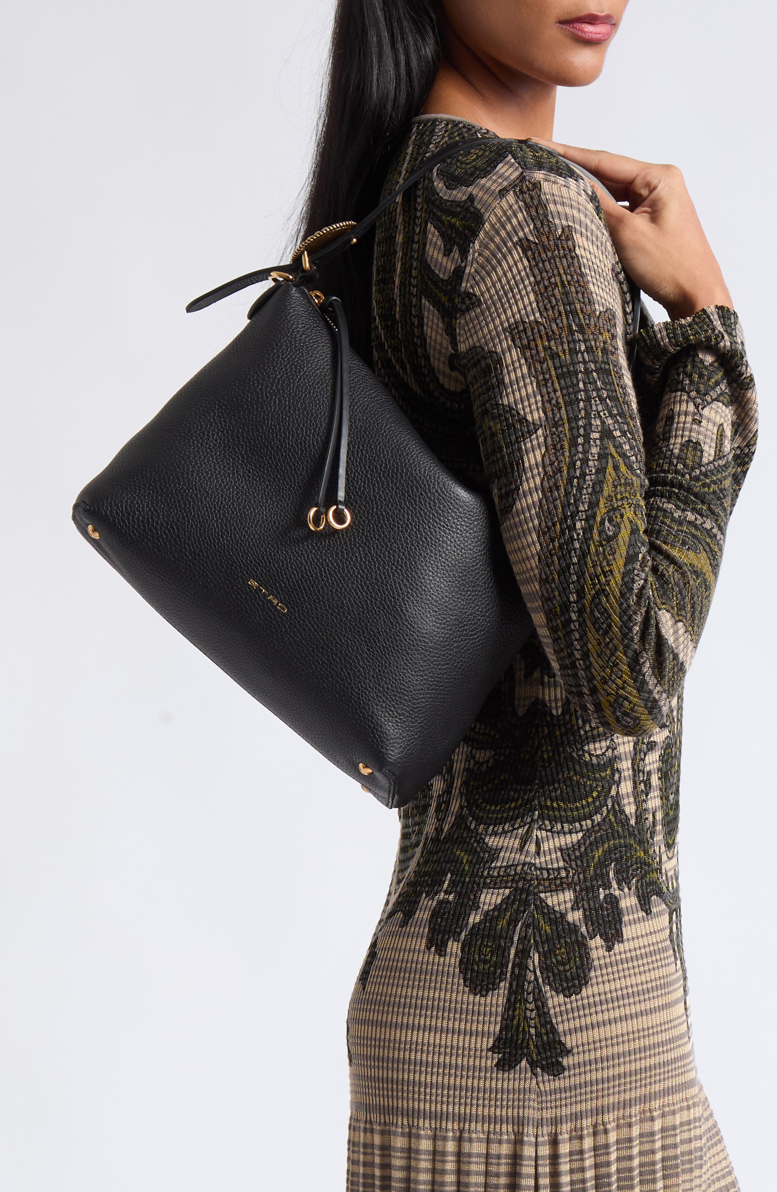 Tumbled Leather Hobo Bag, Alternate, color, BLACK