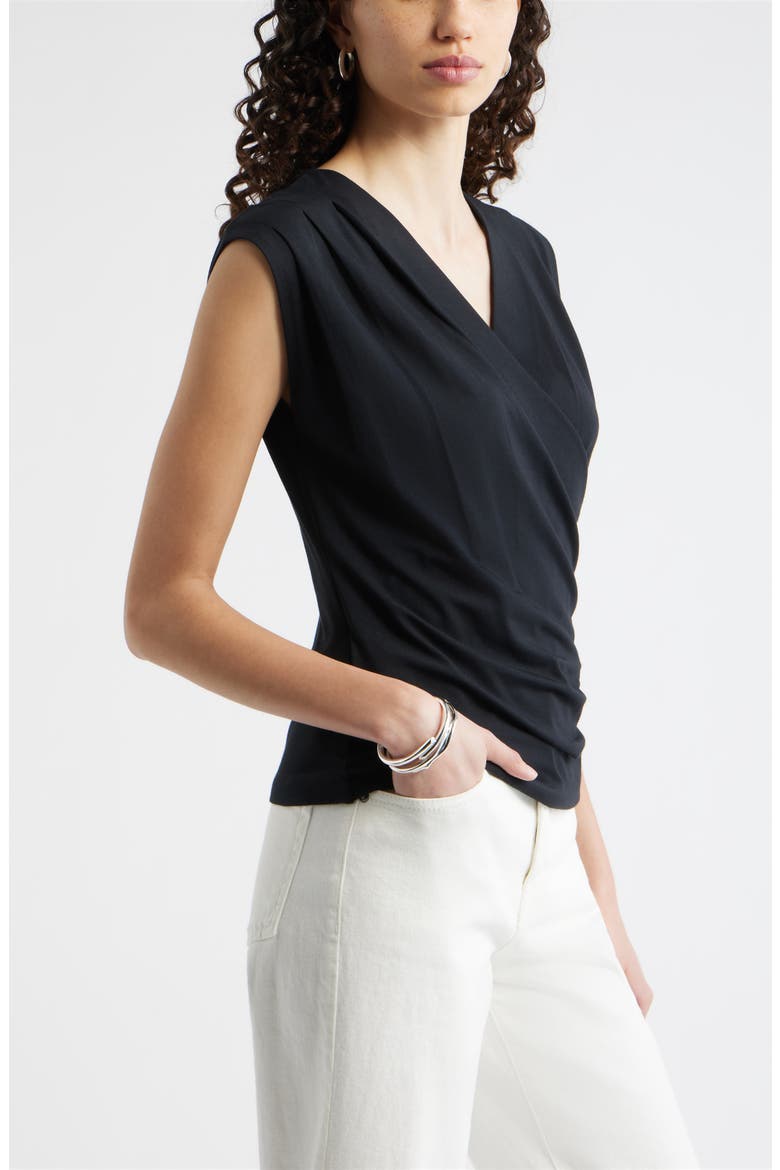 Pleated Faux Wrap Cap Sleeve Top, Alternate, color, BLACK