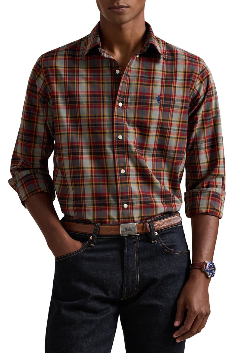 Classic Fit Plaid Performance Oxford Button-Down Shirt, Main, color, CREAM NAVY MULTI