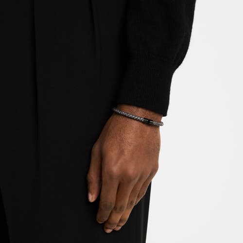 Link Up Flexible Braided Leather Bracelet With Stainless Steel End Caps In Black