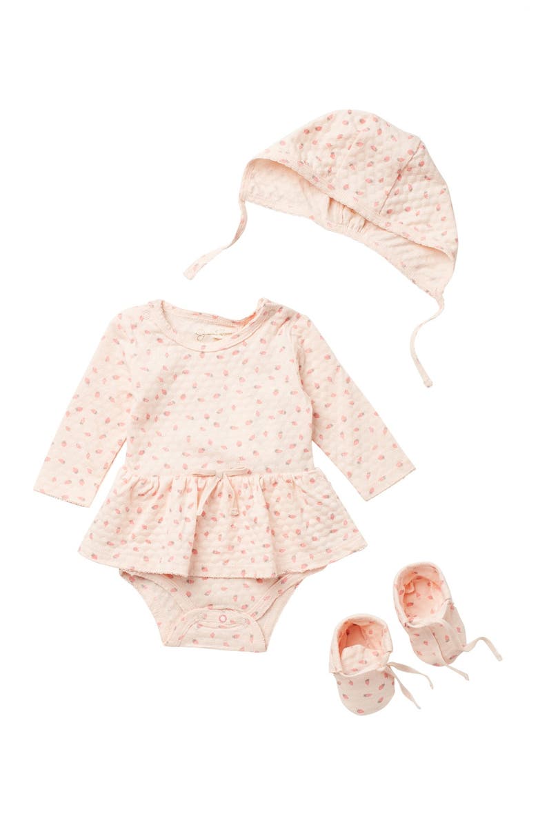 Jessica Simpson Long Sleeve Skirted Bodysuit, Hat & Booties Set, Main, color, 