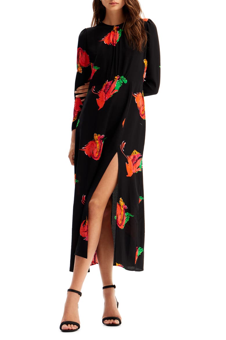 Long Floral Slit Dress, Main, color, BLACK