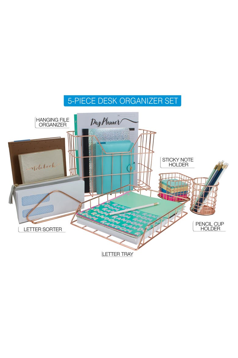 Copper Wire Metal Desk Organizer 5-Piece Set, Alternate, color, COPPER