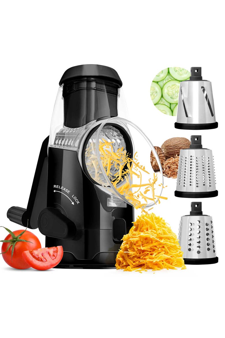 Rotary Cheese Grater Slicer in Black with 3 Drum Blades, Main, color, Black