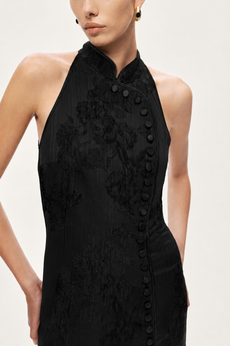 Jacquard Halterneck Midi Dress with Button Detail, Alternate, color, Black