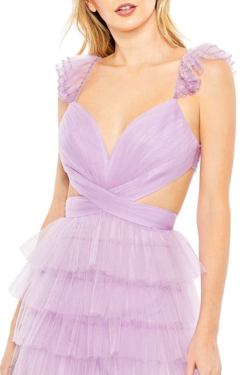 Mac Duggal Ruffle Tiered Tulle Cut Out Gown In Lilac
