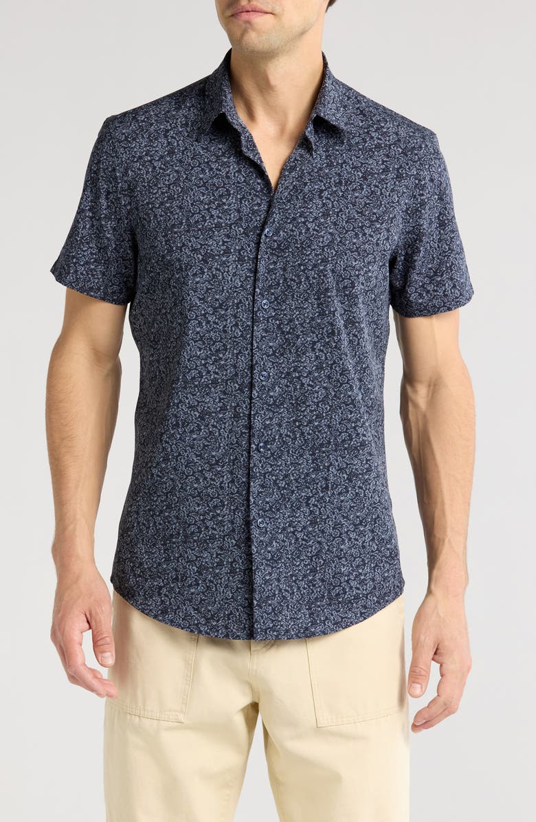 14th & Union Floral Print Short Sleeve Performance Button-Up Shirt, Main, color, Navy Blazer Floral Texture